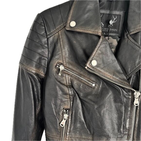 Bod & Christensen Genuine Leather Moto Jacket Zippers Classic Distressed Wm Sz L - Picture 6 of 11